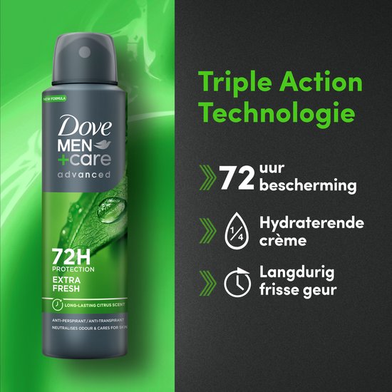 Dove Men+Care Advanced Extra Fresh deodorant spray met Triple Action Technologie: 72u bescherming, hydraterende crème en frisse geur.