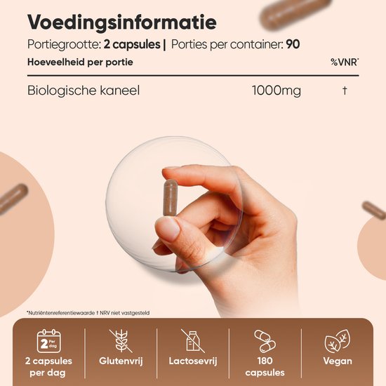 Voedingsinformatie WeightWorld kaneel capsules: 2 capsules per dag, 180 capsules, glutenvrij, lactosevrij, vegan.