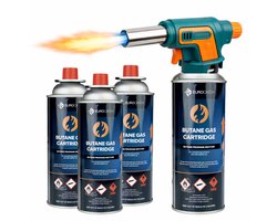 Eurocatch Gasbrander Set 1300°C - Elektrische Ontsteking - Instelbaar - Incl. 4x 227g Butaan Gascartridge