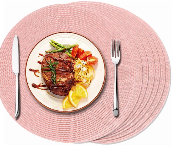 Placemats Set van 6 - Placemats - Elegante Tafeldecoratie - Onderzetter - Diameter 38 cm - Rond - Hitte bestendig - Luxe uitstraling- antislip - geweven - roze