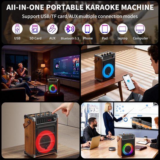Karaoke Machine - Karaokeset met 2 Draadloze Microfoons - Bluetooth Speaker - Mobiel Karaoke Systeem - Oplaadbaar - PA Systeem - Bruin — afbeelding 5