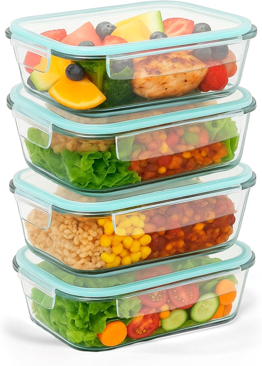 Famanu – Glazen foodcontainers set 8 – 4 containers + 4 deksels, BPA-vrij, vaatwasserbestendig