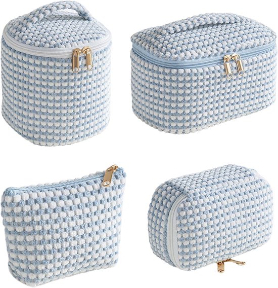 KZQ Vierdelige make-uptas/set, reisorganizer, corduroy make-uptas, make-uptasje, mooie toilettas, cadeau voor vrouwen en meisjes (blauw)
