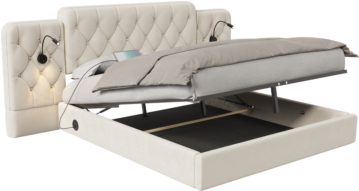 Merax Gestoffeerd Bed 160 x 200 cm - Bed met Opbergruimte - Lang Hoofdbord met USB Aanslui