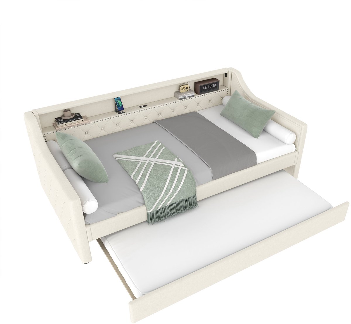 Merax Slaapbank 90x200 - Beige - Linnen - Met Uitschuifbed 90x190 - LED Verlichting Met Afstandsbediening Via App - USB Oplaadpoorten - Inclusief Houten Lattenbodem