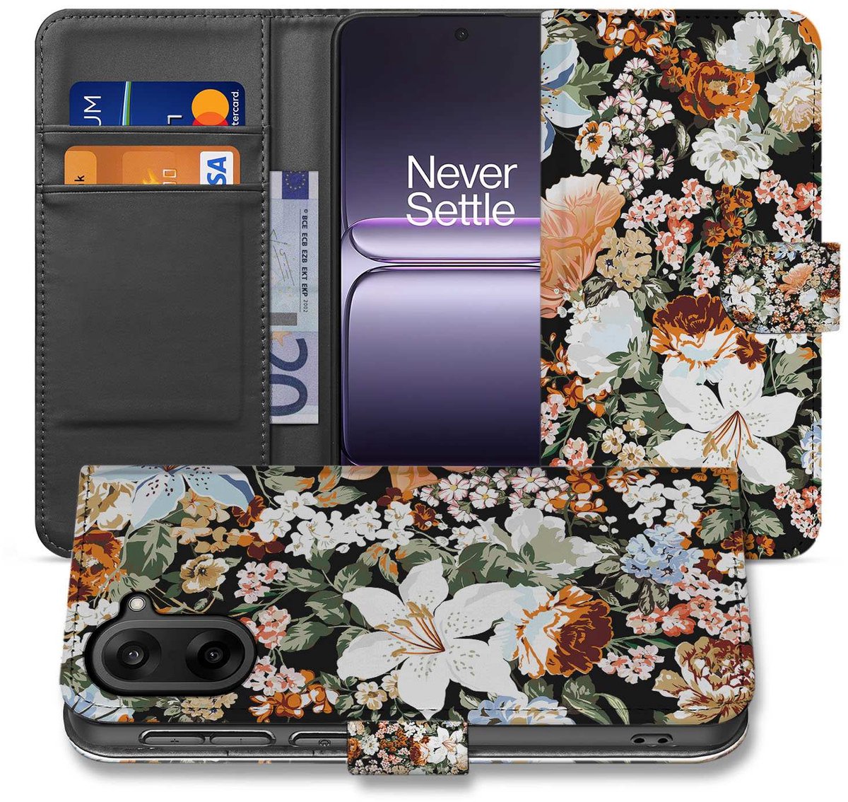 Elegant Dark Flowers Design Bookcase Hoesje voor OnePlus Nord CE 5