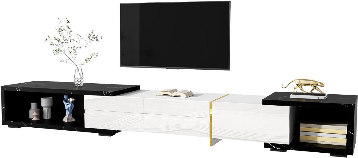 Clruro TV-Meubel 140–260 cm - Verstelbaar Lowboard Met Draaifunctie - Marmerlook Afwerking - Onbekend - Zwart en Wit Wit + Zwart