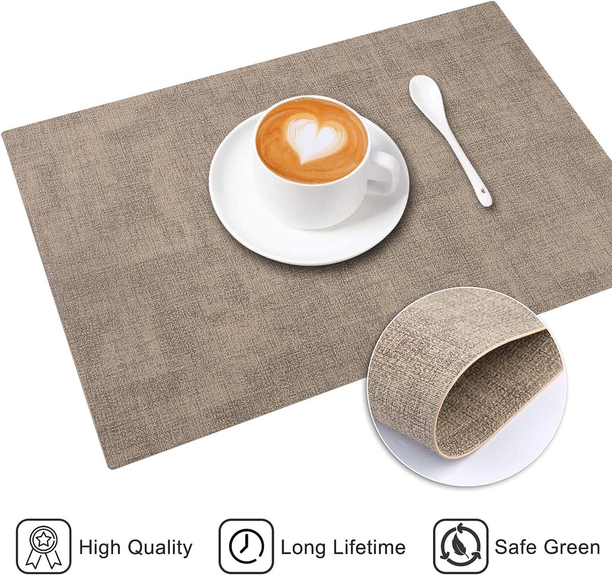 Candala Lederen hittebestendige placemats set van 6 waterdichte afveegbare wasbare PU tafelmatten, gemakkelijk schoon te maken anti-slip (lichtbruin, 6)