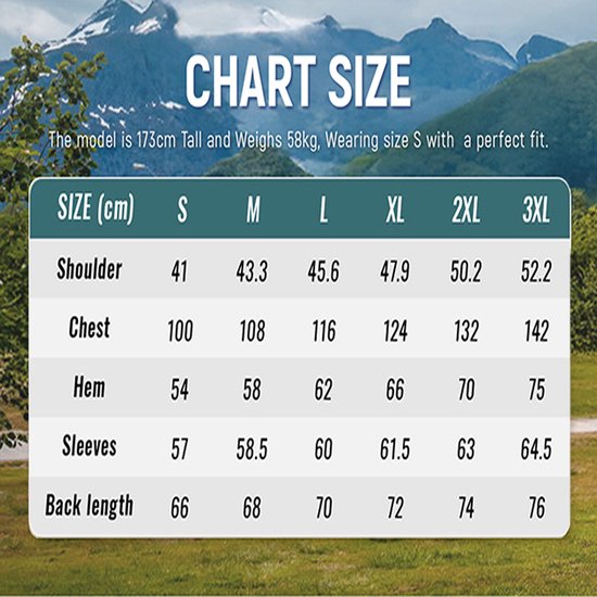 Maattabel met maten S t/m 3XL voor een dames outdoorjas. Model is 173cm en draagt maat S.