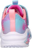 Achterkant van roze en blauwe sneaker met gekleurde accenten en lichtjes op de zool.