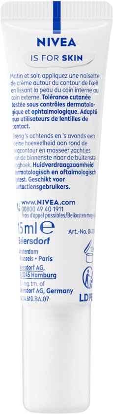 NIVEA Q10 Energy oogcontourcrème tube met tekst in het Nederlands en Frans. Bevat 15ml crème.