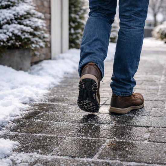 Man in spijkerbroek en bruine schoenen loopt op besneeuwde, natte stenen tegels.