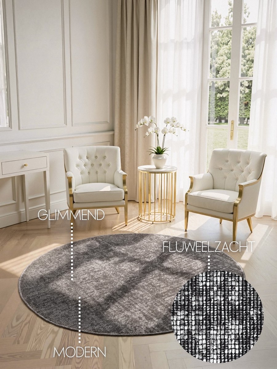 flycarpets Prisma - Laagpolig Vloerkleed - Vintage / Modern Tapijt - Grijs - Ø 160cm rond Zilver