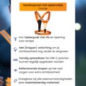 Oranje hardloopvest met opbergvak, reflecterende strepen en knipperende verlichting.
