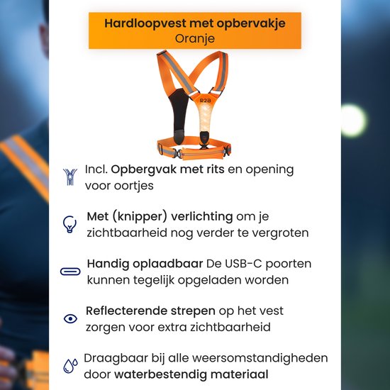 Oranje hardloopvest met opbergvak, reflecterende strepen en knipperende verlichting.