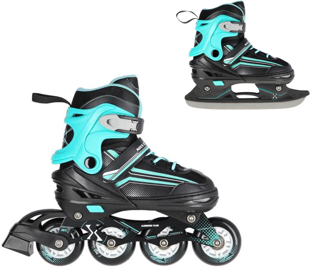 Playos® Skeelers en Schaatsen – tot 38 Verstelbaar Inline Skates IJshockey Schaatsen Rolschaatsen 2 in 1 Skates Turquoise
