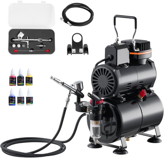 Zwarte luchtcompressor met tank, airbrush pistool, slang, houder, 4 flessen verf en opbergkoffer.