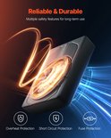 VEVOR subwoofer met gloeiende oranje cirkels en lichteffecten, met icoontjes voor beveiliging.