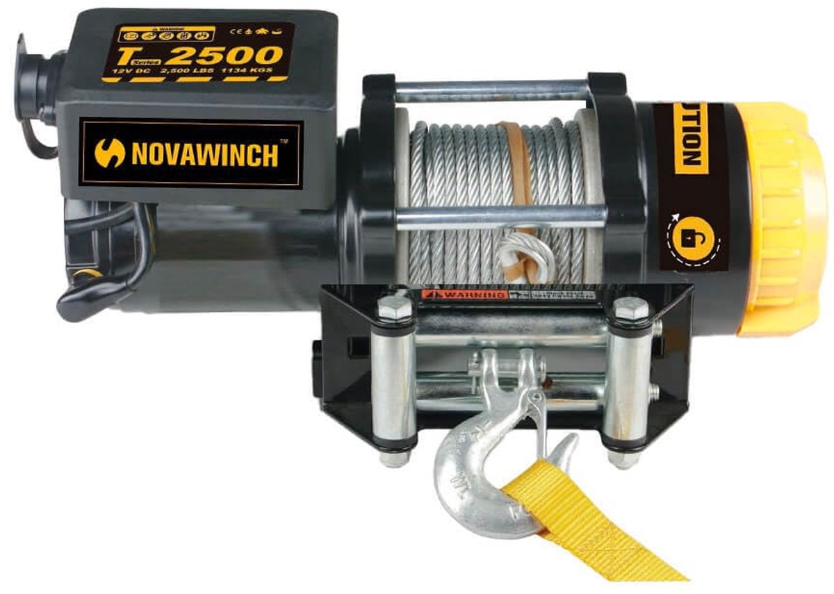 NovaWinch type NVT2500i - Elektrische bootlier 12V - Quadlier met 1134 kg trekkracht - Met 14 mtr. staalkabel + haak met veiligheidsklep - Incl. 3 meter kabelafstandbediening. Accessoires op aanvraag leverbaar.