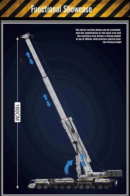 Wit bouwsteentjes kraanmodel met uitgeschoven hijsarm van 160cm.