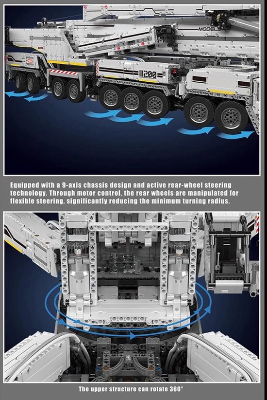 Wit bouwsteentjes kraanmodel met 9-assig chassis, bestuurbaar en draaibaar bovenstel.