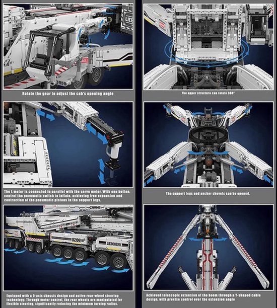 Gedetailleerde montage-illustraties van een wit en grijs bouwsteentjes kraanmodel.