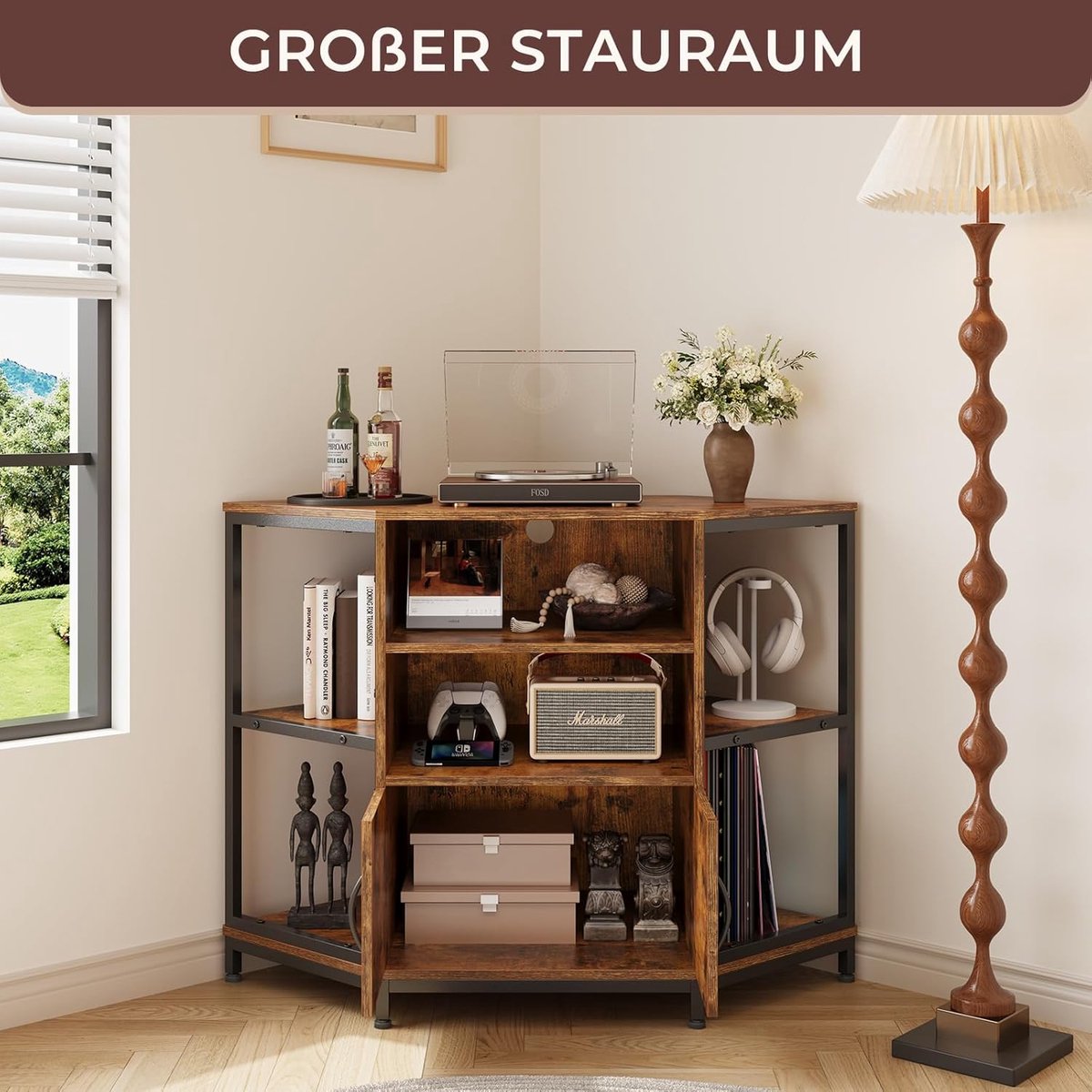 Premium CornerLux TV-Hoekkast met LED-verlichting – Industrieel Vintage Bruin – 105 x 50 x 79 cm – Opbergruimte, Kastdeuren & Open Planken – Kabeldoorvoer – Televisiemeubel Hoekmodel – Altameubel