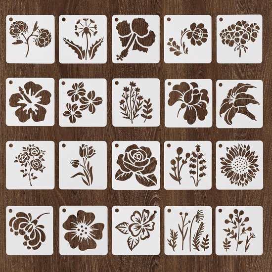 Lot de 20 pochoirs de fleurs pour projets créatifs - 7,5 cm - Décoration murale - Modèles de Peinture en plastique réutilisables - Modèles de Bloem pour murs - Toile - Décoration intérieure