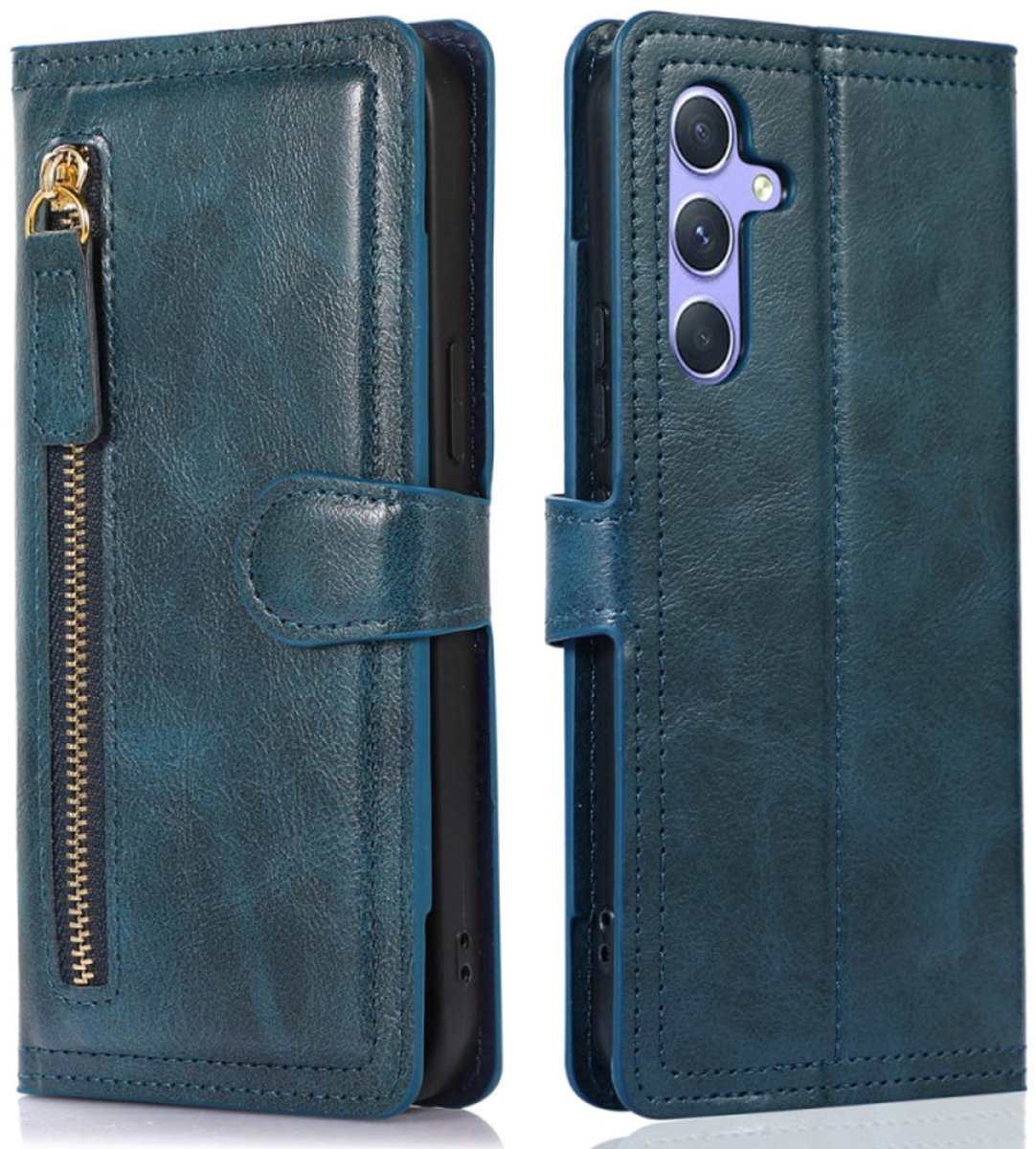 Bookcase Geschikt voor: Samsung Galaxy A36 / Galaxy A56 5G met ritssluiting - Hoesje Flipcover - Magnetisch - 5 kaarten houder - Blauw