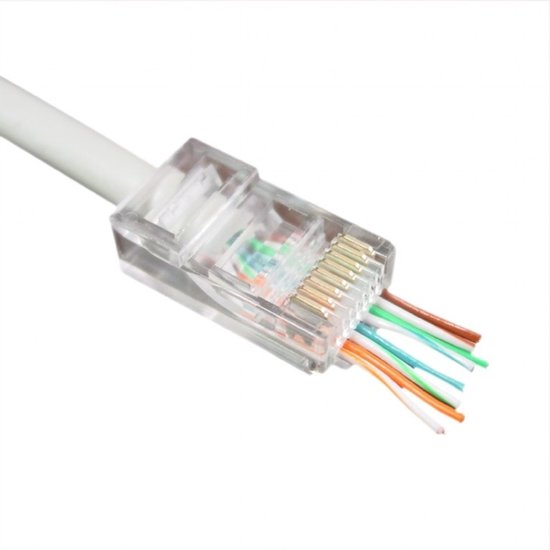 Doorzichtige RJ45 connector met 8 gekleurde draden (bruin, wit/bruin, groen, wit/groen, blauw, wit/blauw, oranje, wit/oranje) en metalen pinnen.