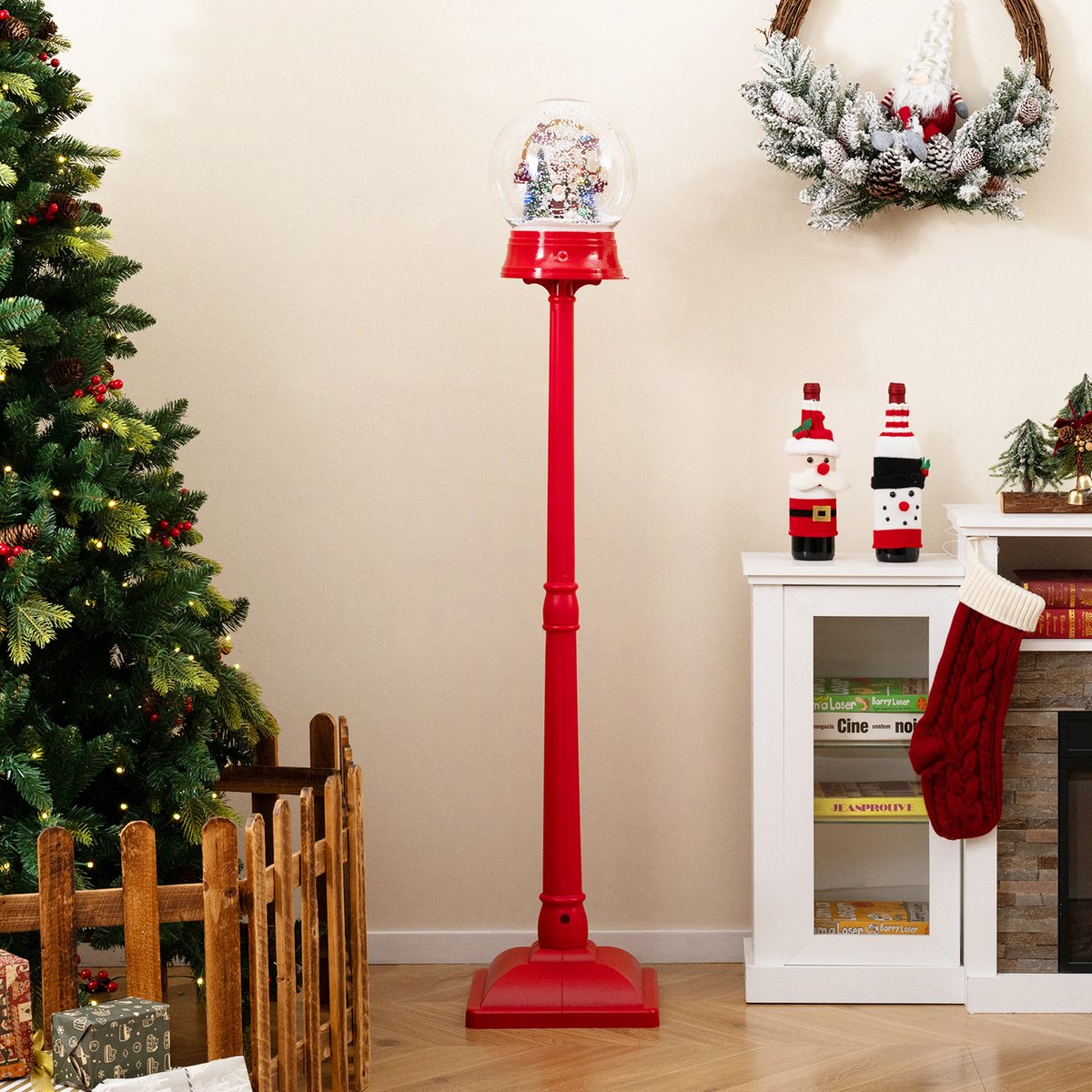 COSTWAY Kerstlantaarn van 153 cm, kerstdecoratie met muziek en 15 gekleurde ledlampen, sneeuwlantaarn met afneembare sneeuwbol, kerstverlichting voor thuis, entree – foto 8