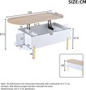 Afmetingen van een witte salontafel met houten blad en gouden poten.