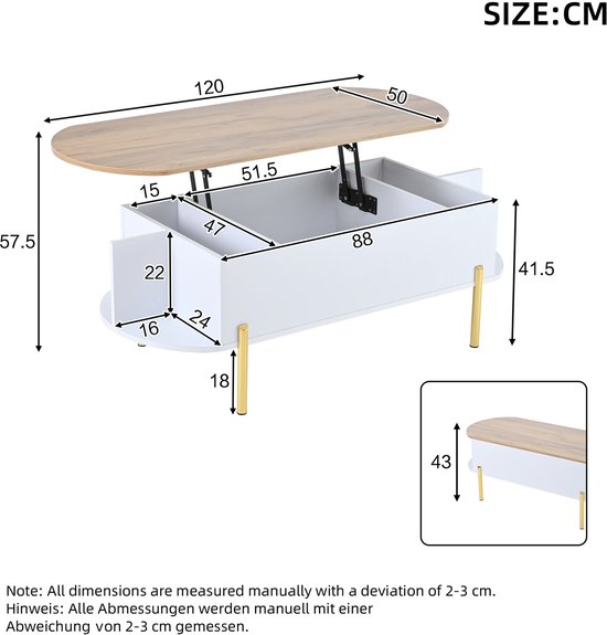 Afmetingen van een witte salontafel met houten blad en gouden poten.