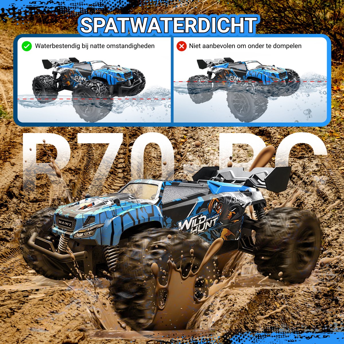 HAWX R70 Bestuurbare Auto - RC Auto - Race Auto - Monstertruck - Afstandsbestuurbare Auto - Volwassenen en Jongens - Voor Buiten - Incl. 3 Batterijen, 8 Verkeerskegels — afbeelding 2