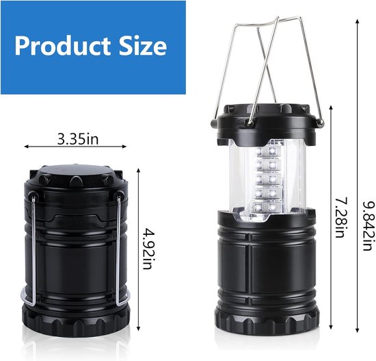 LED-kampeerlamp - Opvouwbare lamp op batterijen - LED-tentlamp, kampeerlamp, wandellamp - Draagbare noodverlichting voor buiten - Zwart - 25*8,5 cm - Telescopisch van Merkloos — afbeelding 2