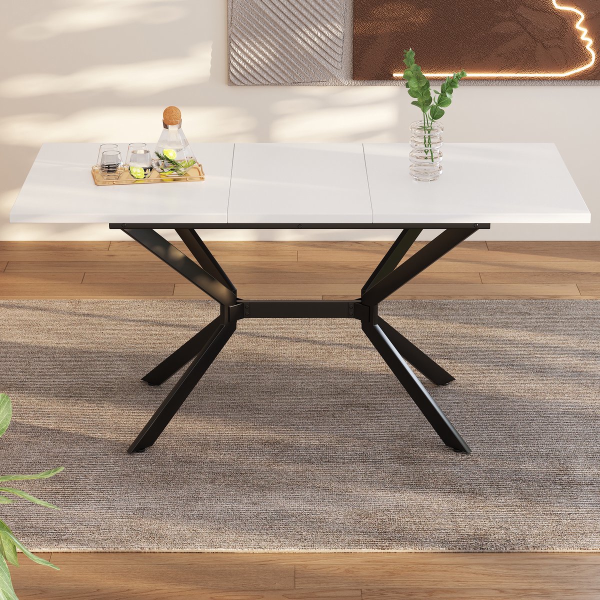 MODFU Luxe Uitschuifbare Eettafel (120-160 cm) - Moderne Eetkamertafel met Matrix Spinnekop Poot - Wit / Zwart
