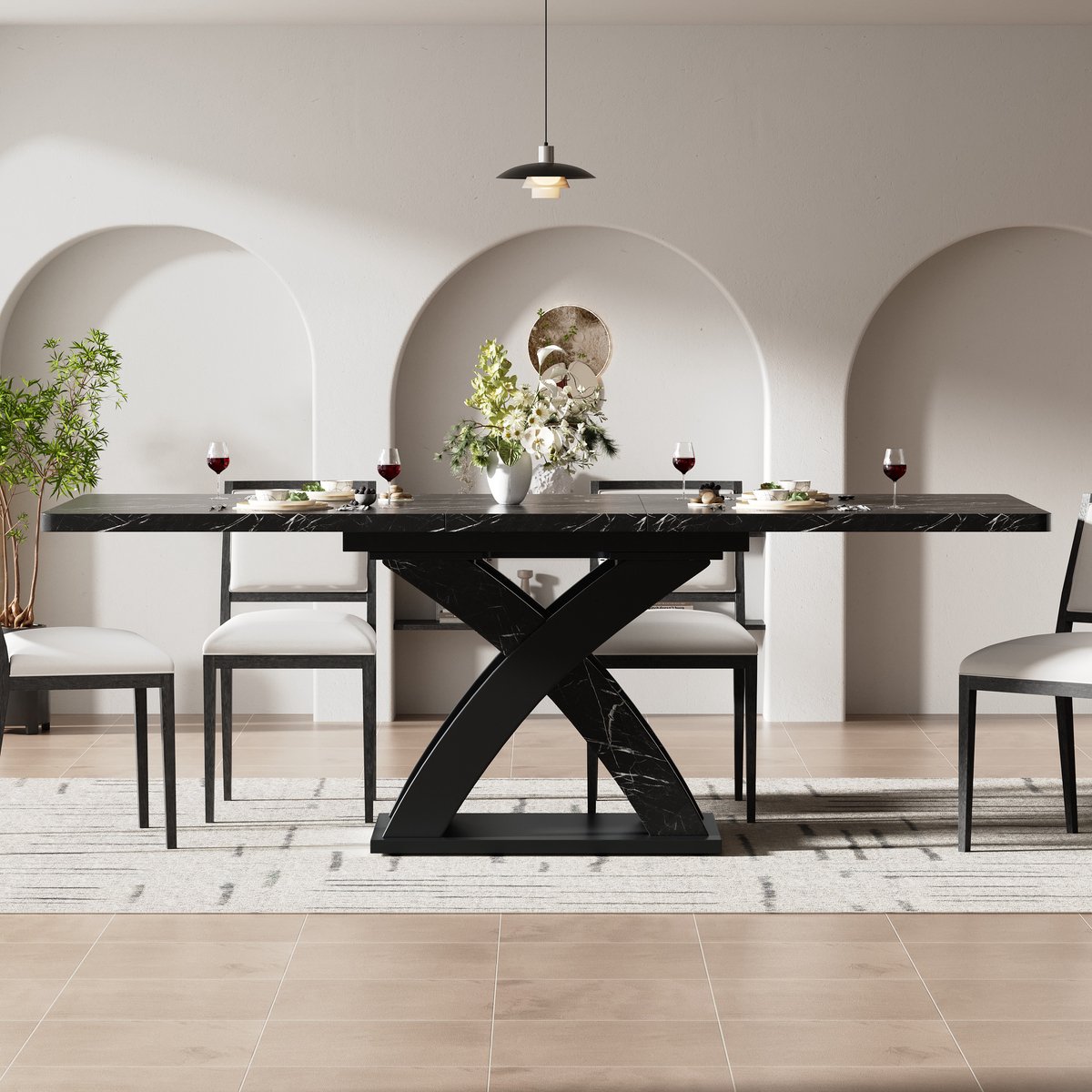 MODFU Uitschuifbare eettafel 120–160 cm zwart MDF+metaal X-frame, verstelbare voeten, compact
