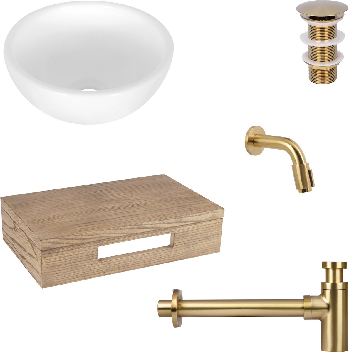 Differnz Ruz fonteinset - waskom keramiek wit - muurkraan 11 cm mat goud - inclusief wastafelplank licht eiken
