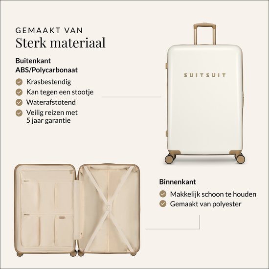 SUITSUIT Reiskoffer 76x51x28 - Reiskoffer met wielen - Veilig TSA cijferslot - Lichtgewicht koffer - Reiskoffer groot - 94L - Fusion koffer White Sawn - Wit