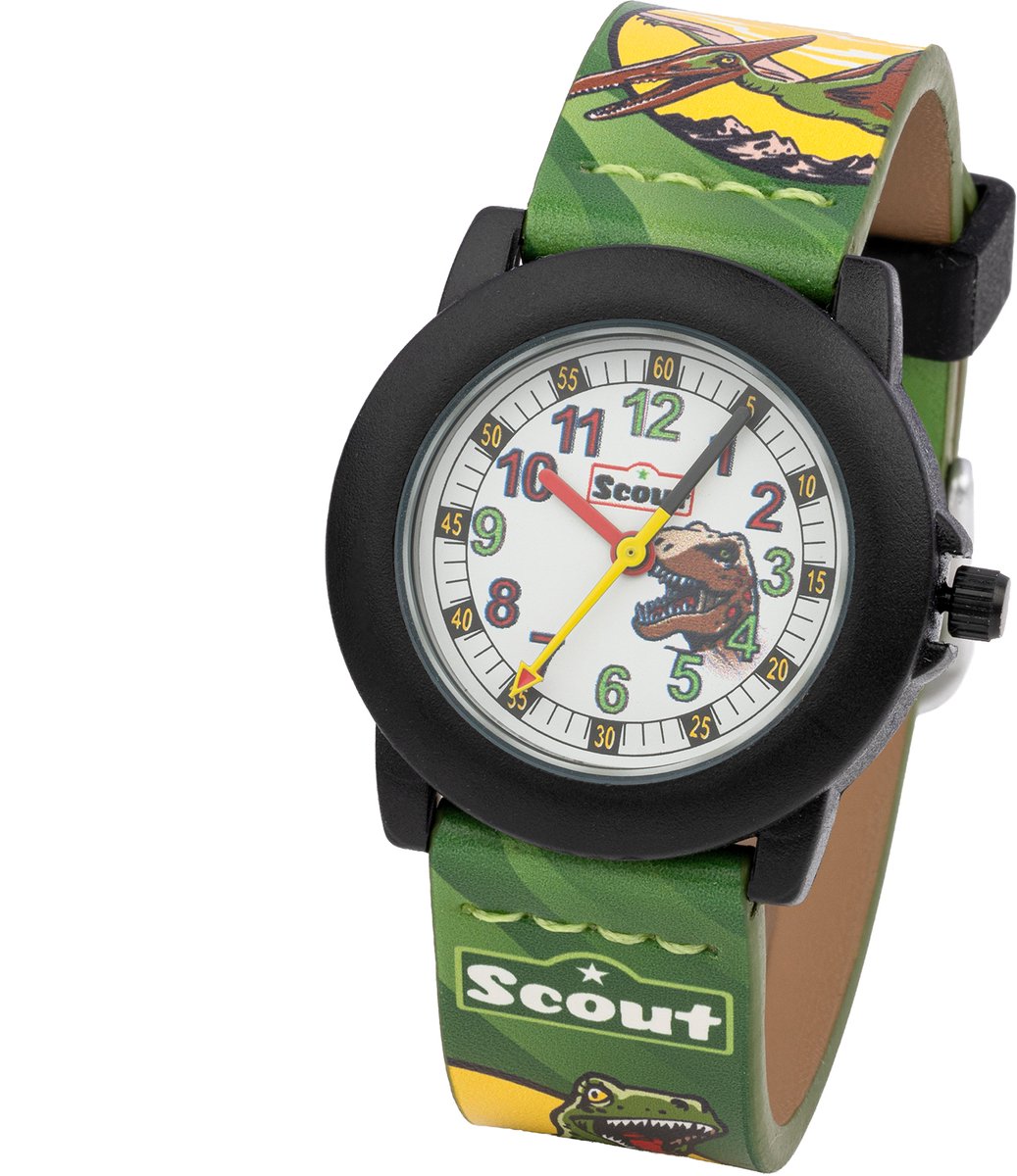 Scout Kinderuhr analog aus der Serie "Crystal" mit grünem Kunstlederband mit Dinosaurier-Motiven und Quarzwerk