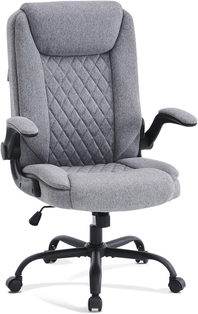 Bureaustoel, ergonomische bureaustoel met gevoerde armleuningen, inklapbaar, in hoogte verstelbaar, kantelfunctie en hoofdsteun, comfortabel voor thuiskantoor, bureaustoel, 150 kg, grijze