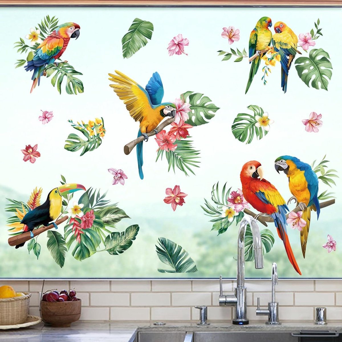 Provento - Tropische Vogelwereld Raamstickers met Papegaaien en Palmbladeren