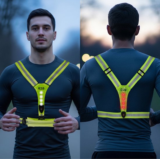 Voor- en achterkant van een man die een neongeel R2B hardloopvest draagt met reflecterende strepen en LED-verlichting.