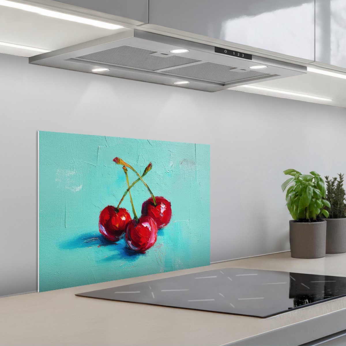 Spatscherm 60x45 cm - Zelfklevende achterwand Kersen - Rood - Drie - Geverfd - Keuken muurbeschermer - Spatwand fornuis