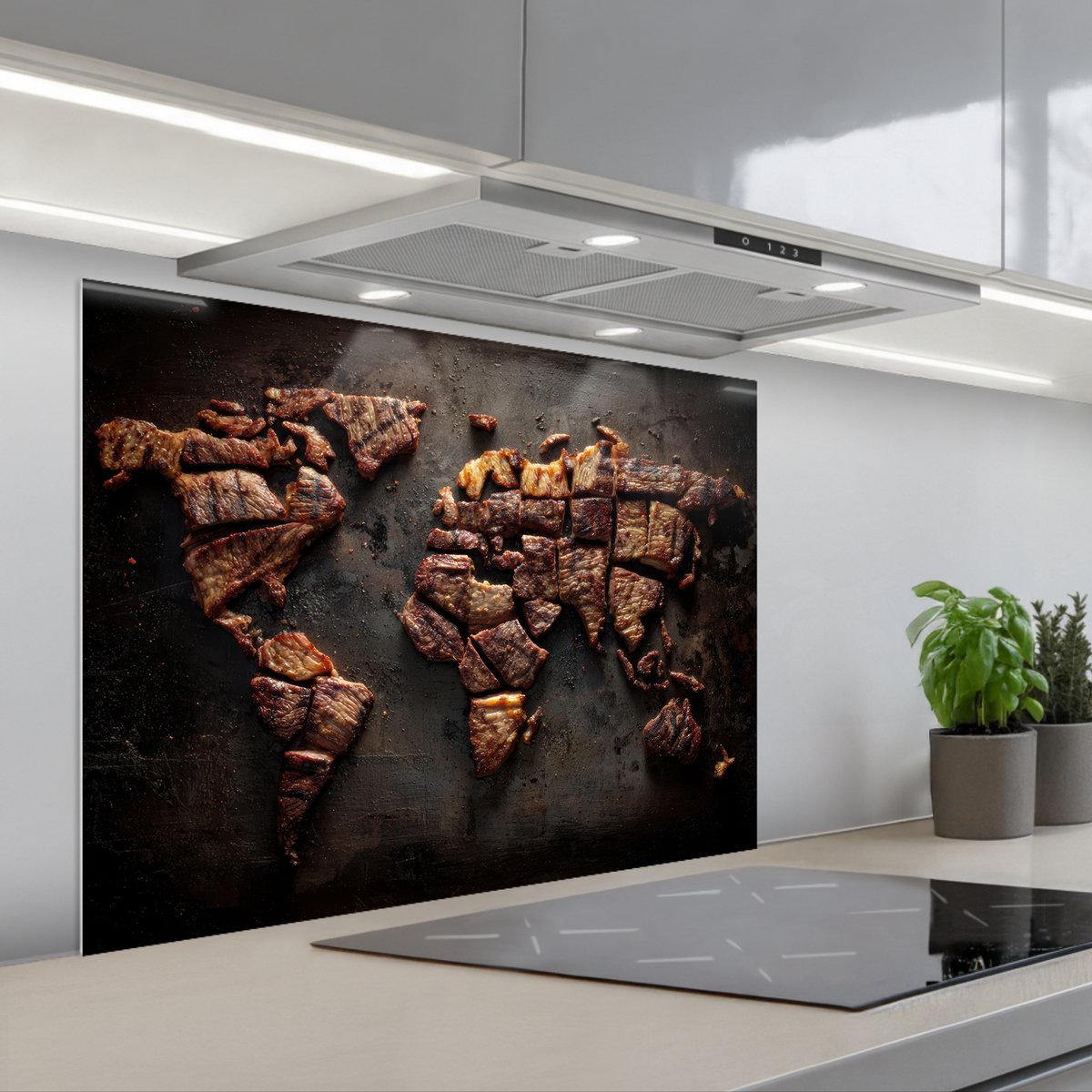 Spatscherm 80x60 cm - Zelfklevende achterwand Wereldkaart - Gegrild vlees - Keuken muurbeschermer - Spatwand fornuis