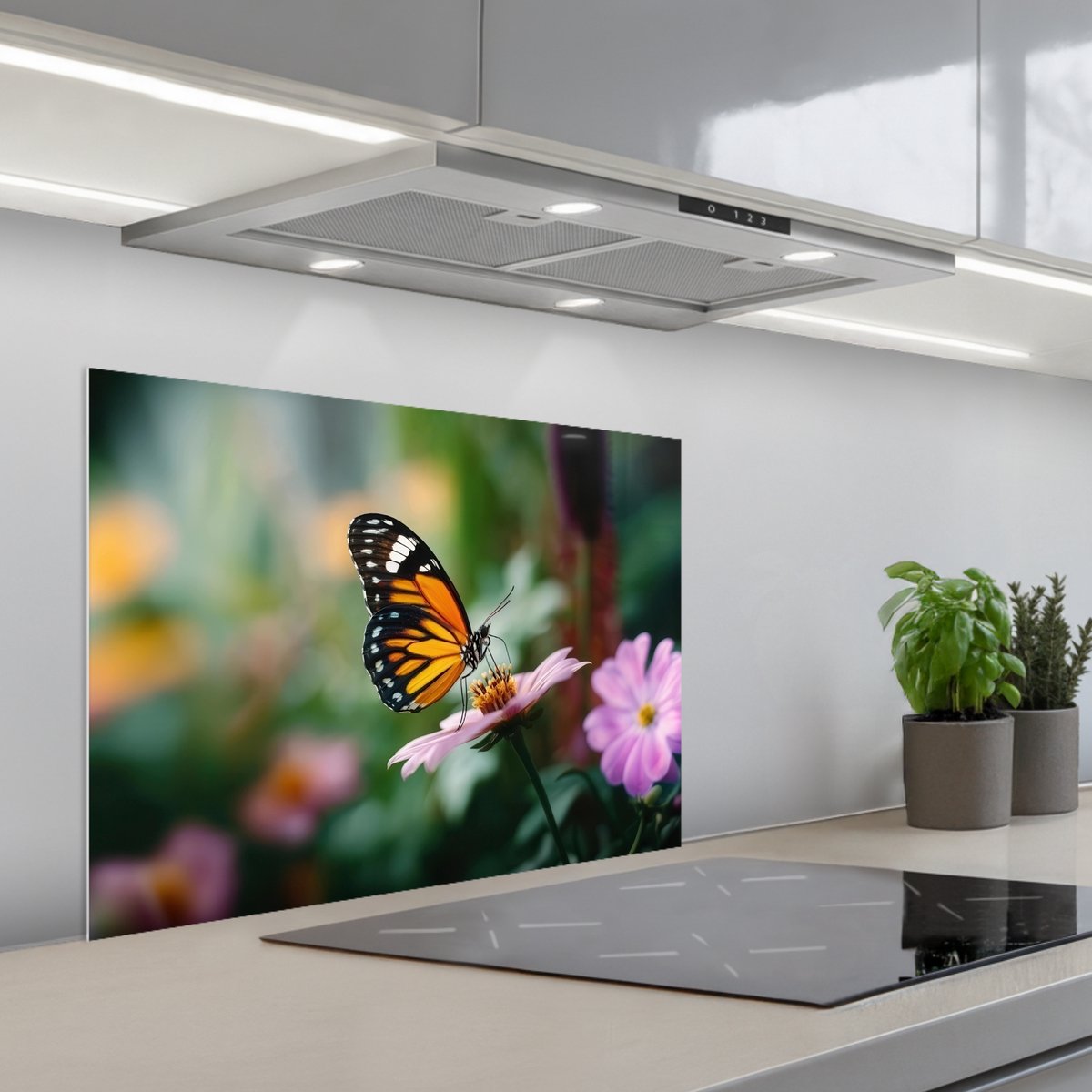 Spatscherm 70x55 cm - Zelfklevende achterwand Roze bloemen - Vlinder - Zachte focus - Keuken muurbeschermer - Spatwand fornuis