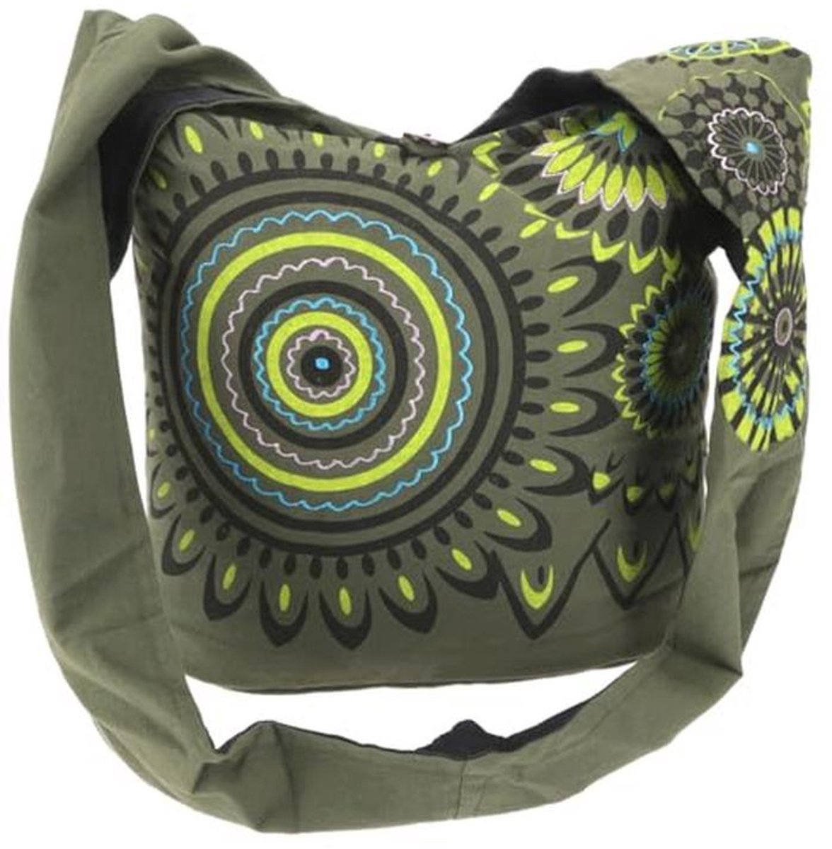 Boho Gembroidered Schoudertas - Zwart/Turquoise, Katoenen Alternatieve Handtas van 40 x 35 x 14 cm