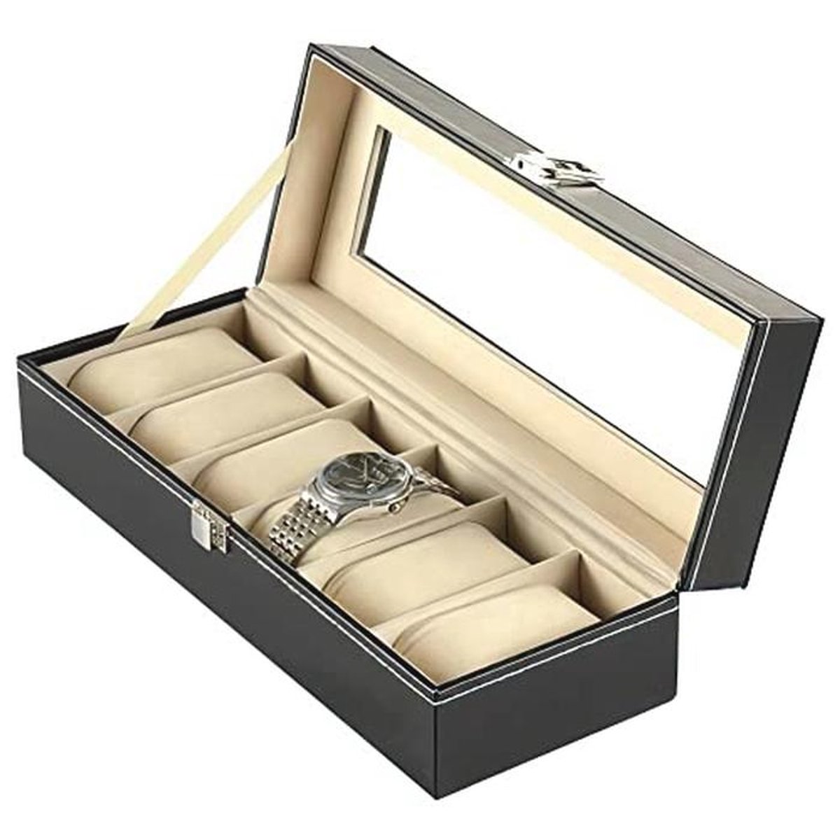 Elegante horlogekoffer voor 6 horloges met echt glazen venster