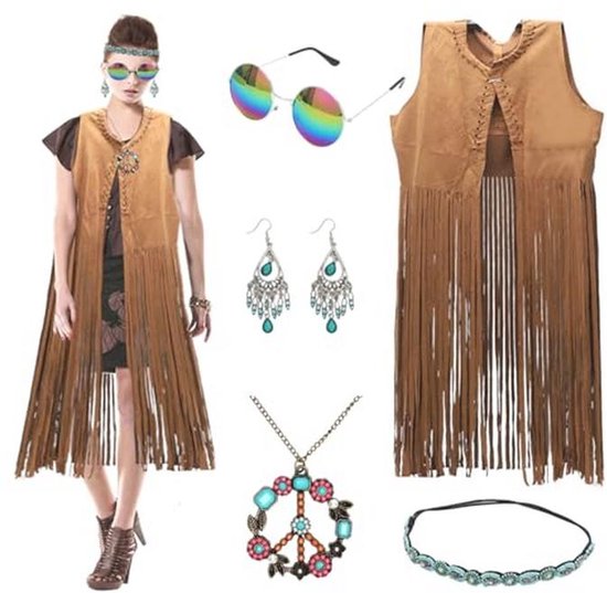 Jeunes femmes à une fête avec des ballons. Une femme porte un gilet marron sans manches à franges, des lunettes de soleil miroir et un bandeau.