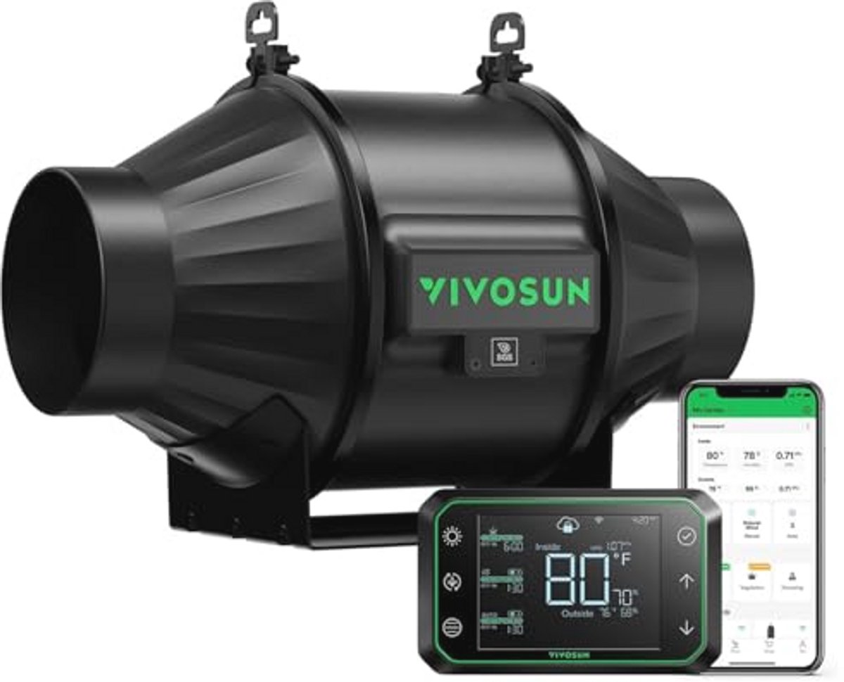 Inline pijpventilator 100 mm met stille afzuiging en wifi temperatuur- en vochtigheidscontroller
